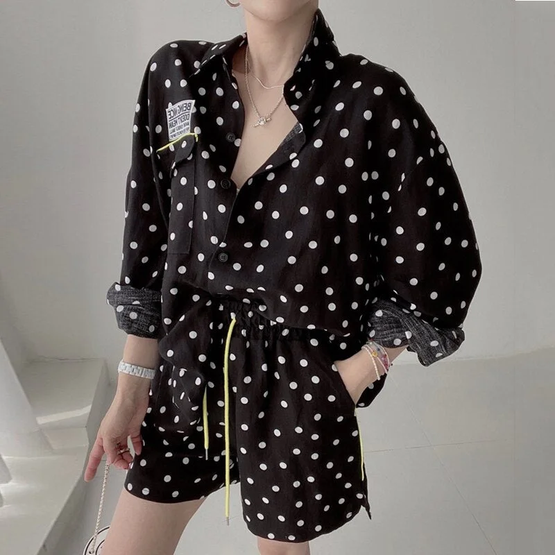 Clothland Women Fashion Blouse Shirts Suit Long Sleeve Shirt Mini Shorts Two Piece Set Chic Summer Suits TZ366