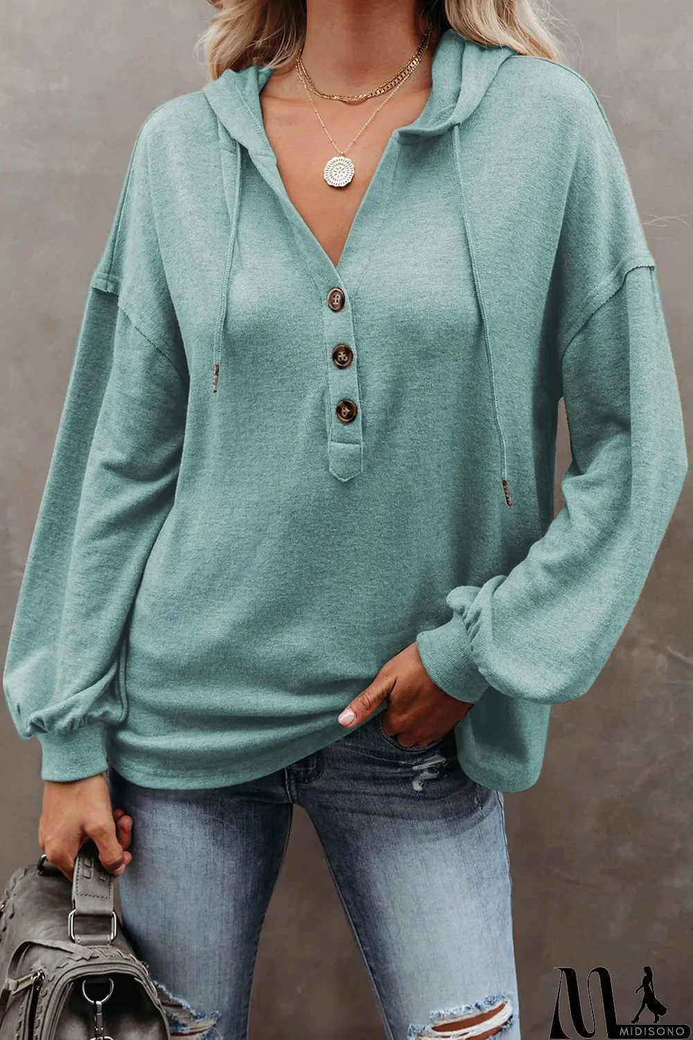 MidiSono - Buttoned High and Low Hem Hoodie