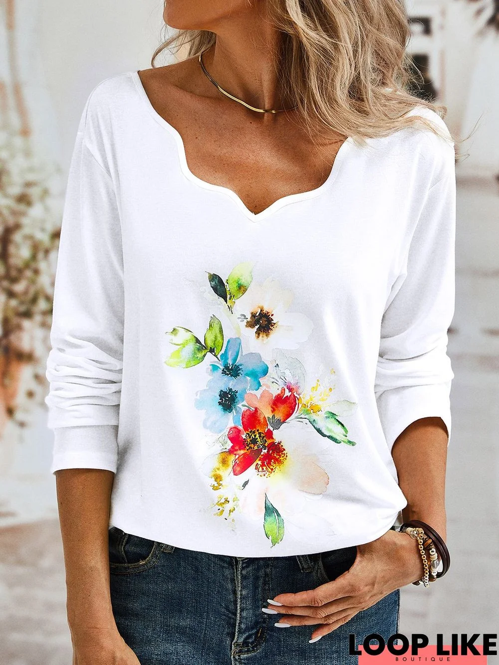 Casual Floral Long Sleeve V Neck Printed Top T-shirt