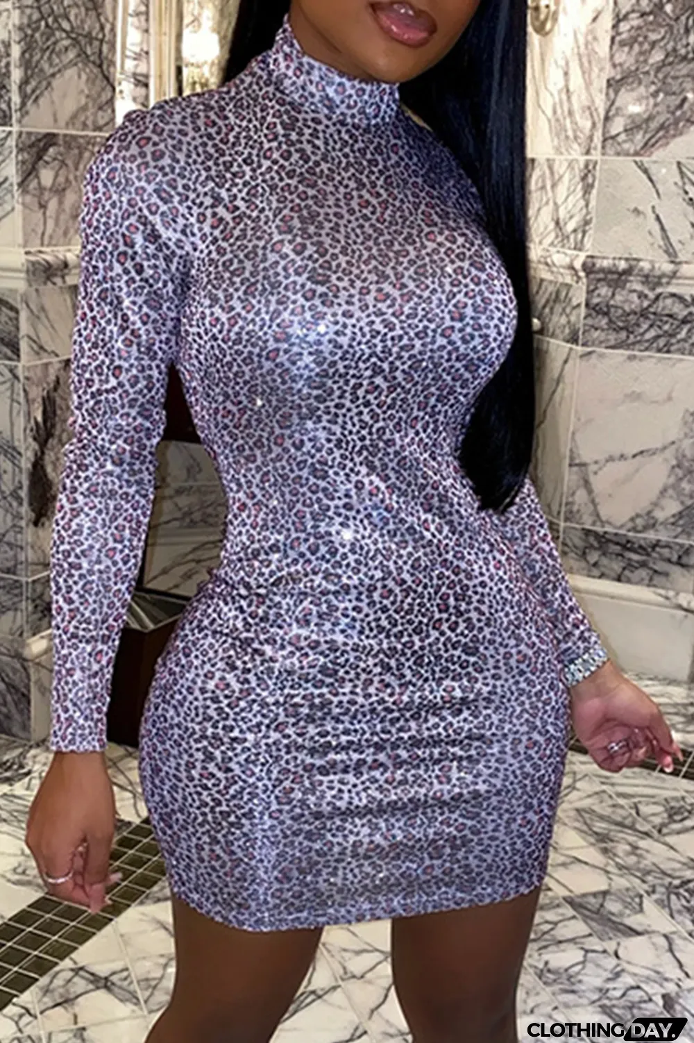 Coffee Sexy Animal Print Split Joint Turtleneck Pencil Skirt Dresses