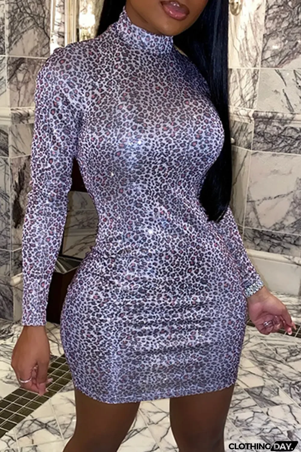 Coffee Sexy Animal Print Split Joint Turtleneck Pencil Skirt Dresses
