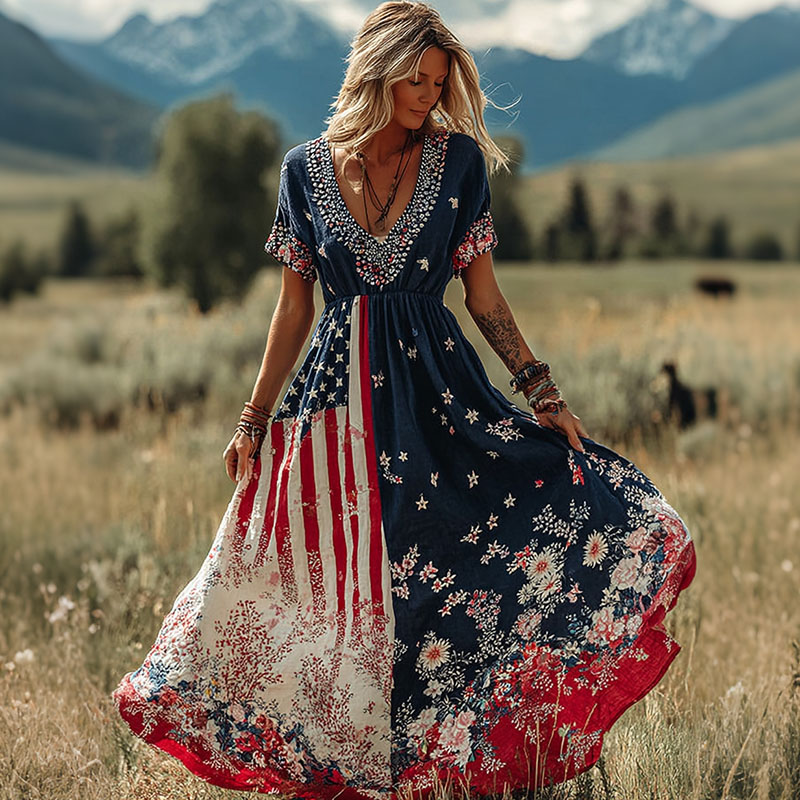 Comstylish Women's Floral Flag Design Contrast Print Maxi Dress