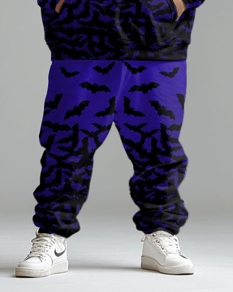 Men's Halloween Gradient Bat Print Big and Tall Hoodie Set