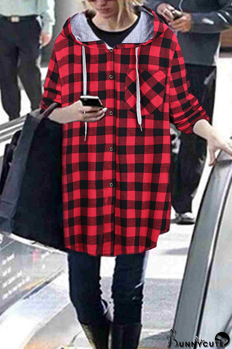 Hooded Drawstring Plaid Casual Coat