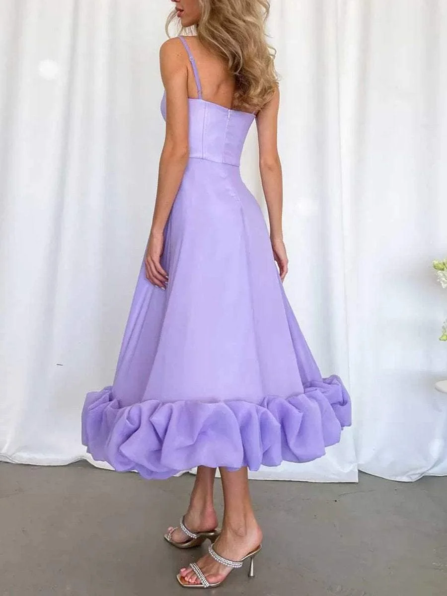 Elegant Solid Color Sling Midi Dress