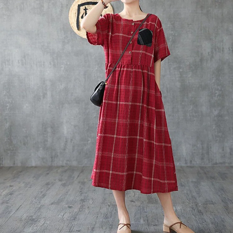 Natural red plaid linen cotton clothes For Women o neck pockets Love summer Dresses