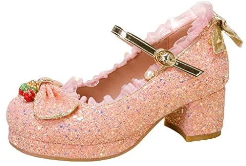  Womens Glitter Chunky Mary Janes Platform Shoes Sequin Pumps with Bow Lolita Shoes Novameme