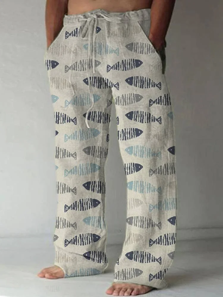 Vintage Fish Art Print Linen Blend Casual Pants