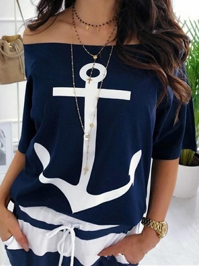 Off Shoulder Printed Casual T-Shirts