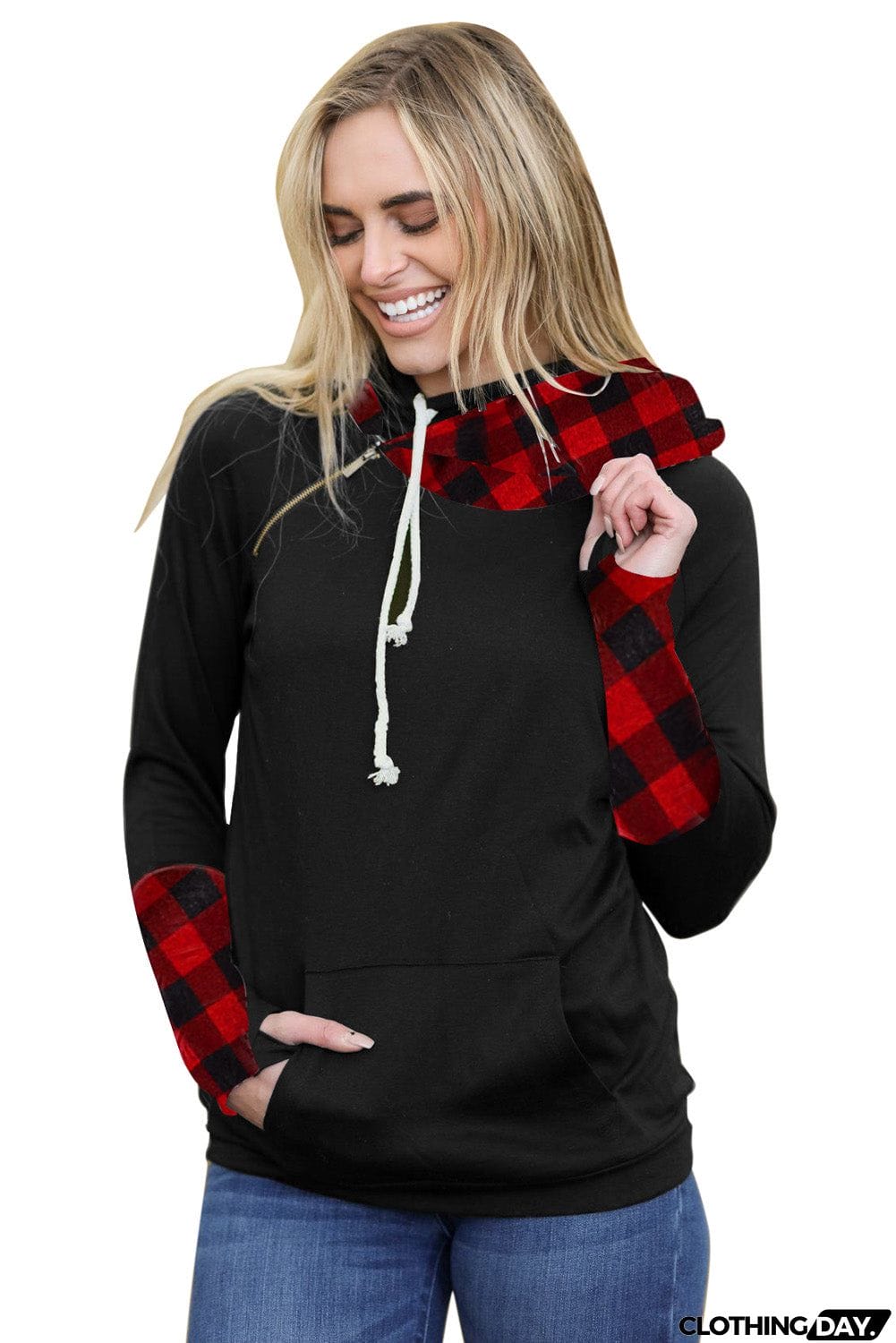 Plaid Double Hoods Thumb Hole Hoodie
