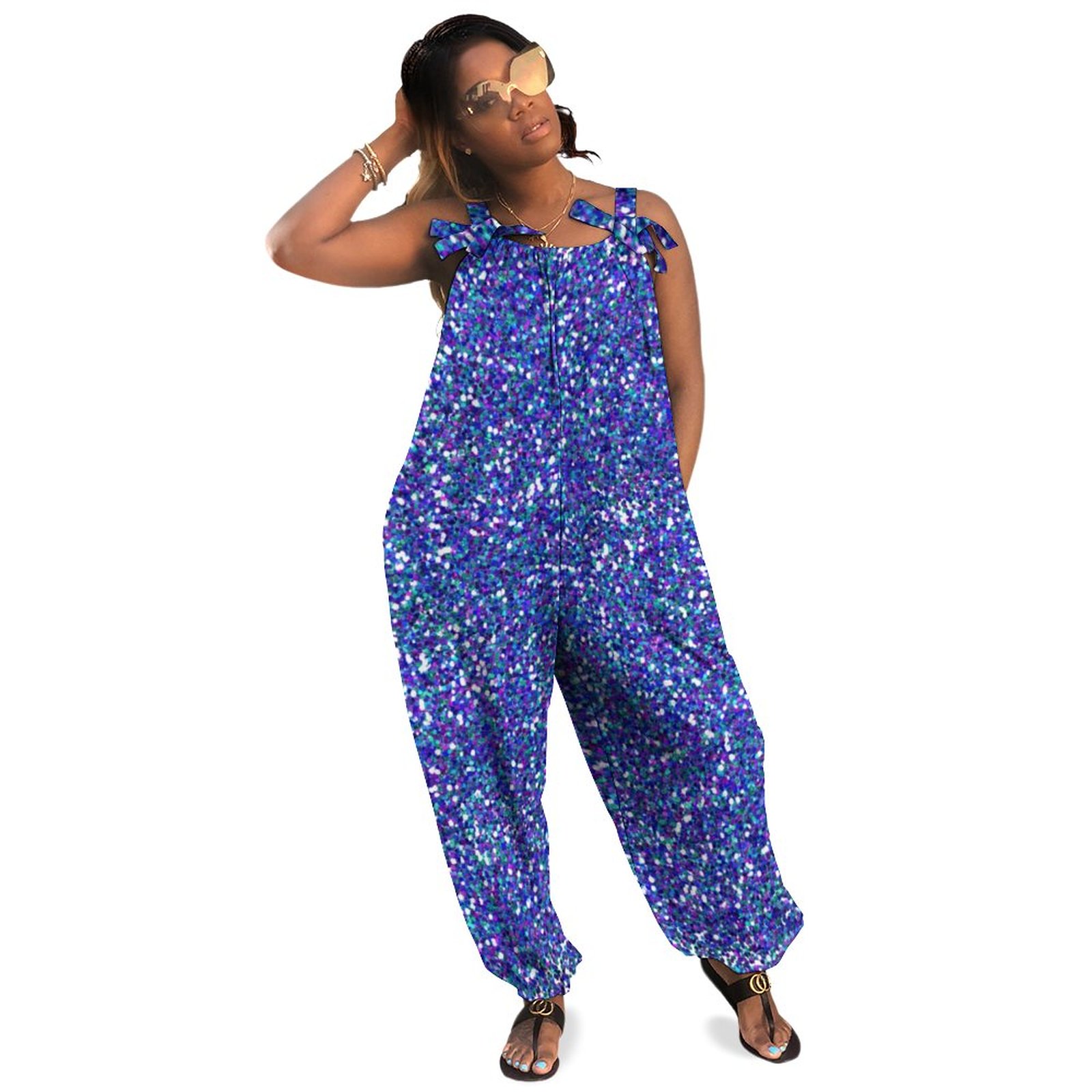 Purple And Blue Glitter Plus Size Women Rompers Summer Casual Loose Playsuits Maternity Jumpsuit Boho Pockets Polyester Spandex