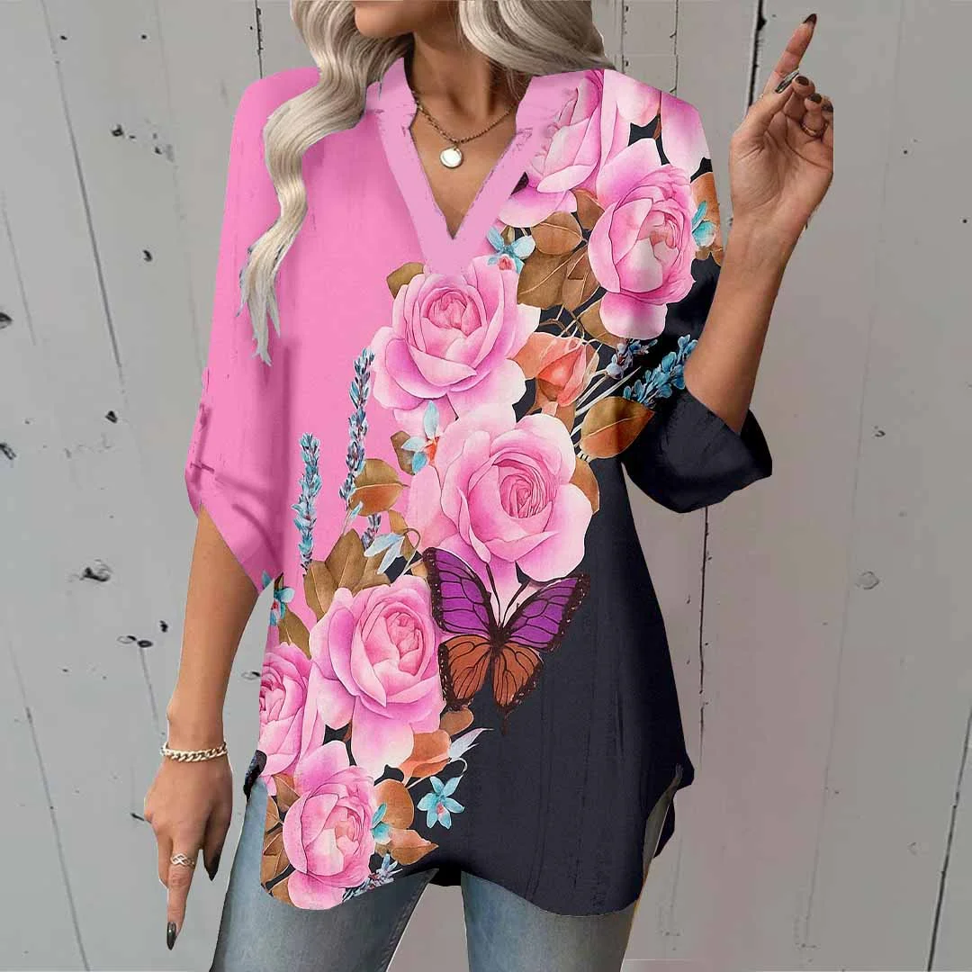 Women Floral, Black, Pink DZGA0761 3/4 Sleeve V-neck Printed Graphic Button Tops