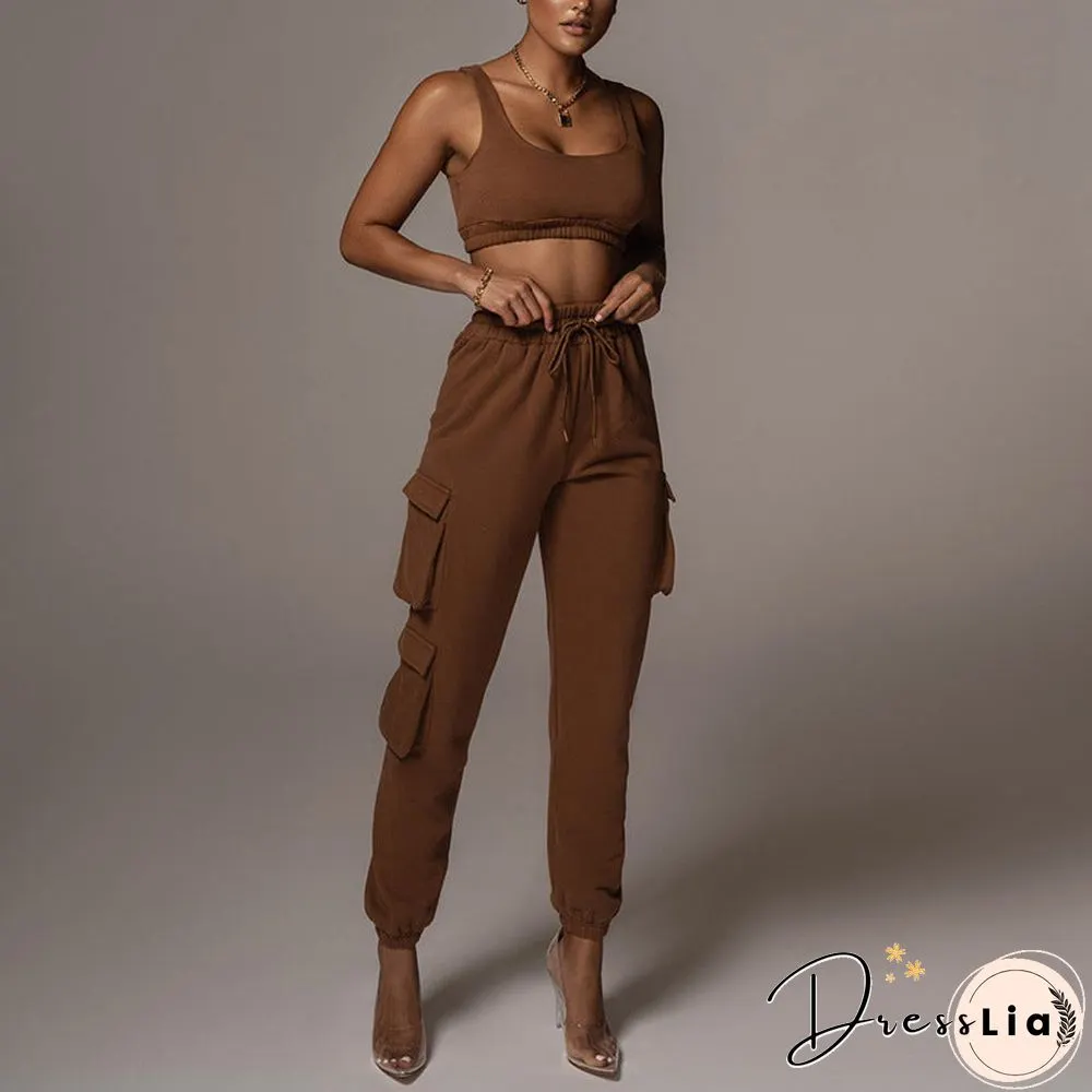 Sporty Crop Top and Pocket Detail Jogger Tracksuit Pant Set