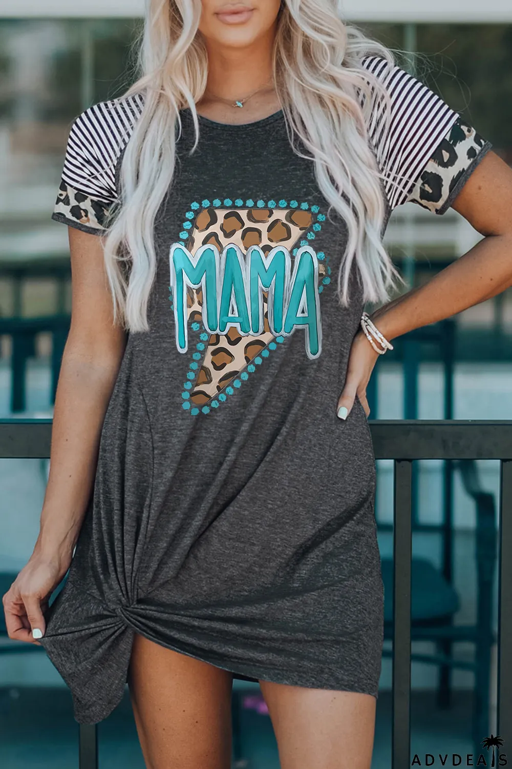 Gray MAMA Leopard Graphic Contrast Sleeve Dress