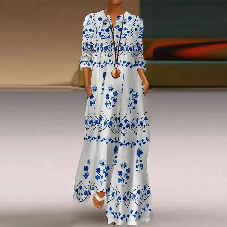 Barbara Ventura Blue Floral Inspired Tassels Flowy Maxi Dress