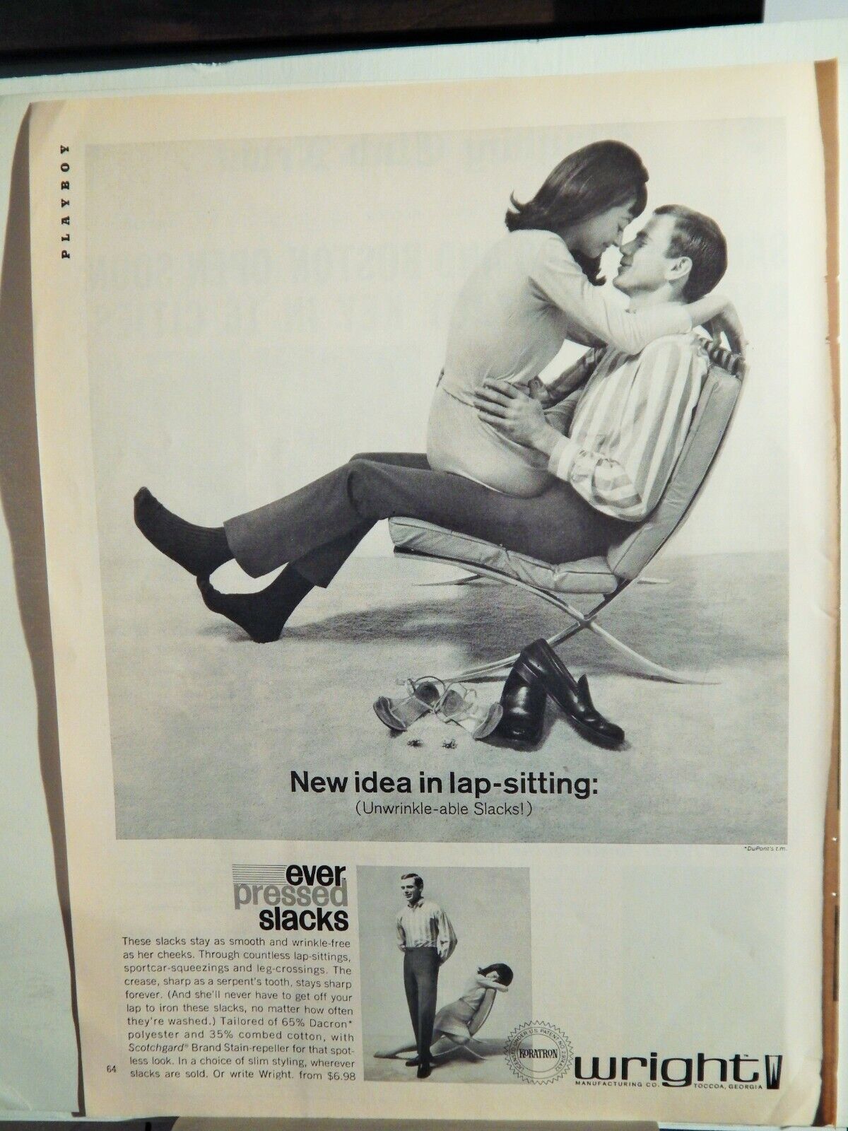 WRIGHT EVER PRESSED SLACKS/PLAYBOY CLUB 1965 Photo Poster painting AD, RARE MUCH SOUGHT EPHEMERA