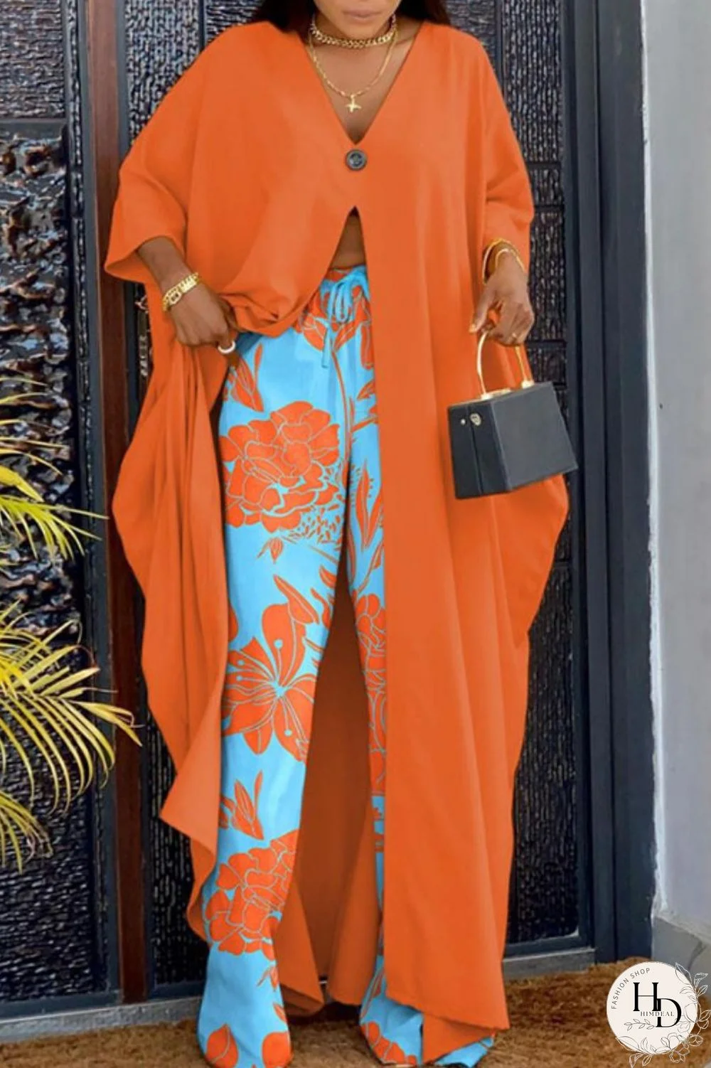 Orange Casual Print Patchwork V Neck Long Sleeve Two Pieces