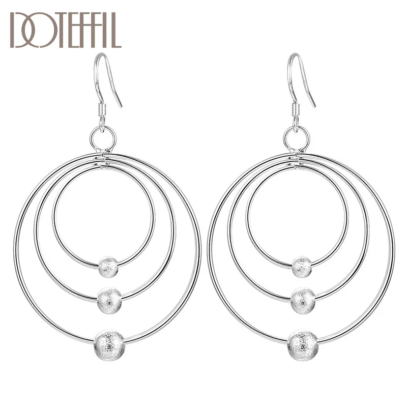 DOTEFFIL 925 Sterling Silver Three Circle Hoop Frosted Beads Earrings Charm Women Jewelry 