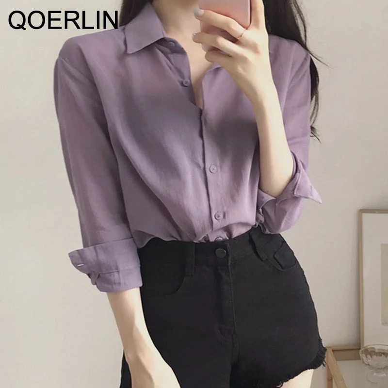 Uforever21  Minimalist Gentle Purple Shirt Ladies Lapel Single-Breasted Thin Top Spring Summer Korean Full Sleeve Plus Size Blouse Womens
