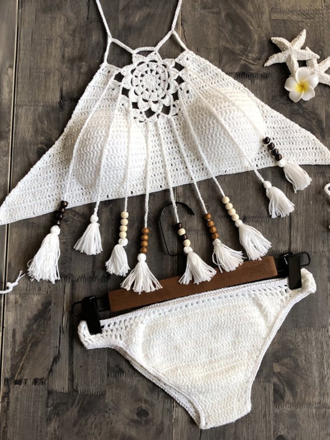 Solid Color Hand Crochet Cutout Bikini Set