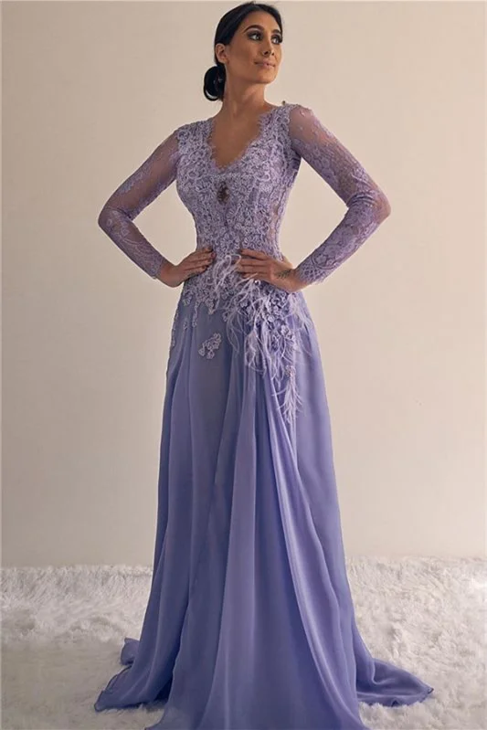 Modern Long Sleeves Long Evening Dress With Lace Appliques Chiffon Party Gowns - lulusllly
