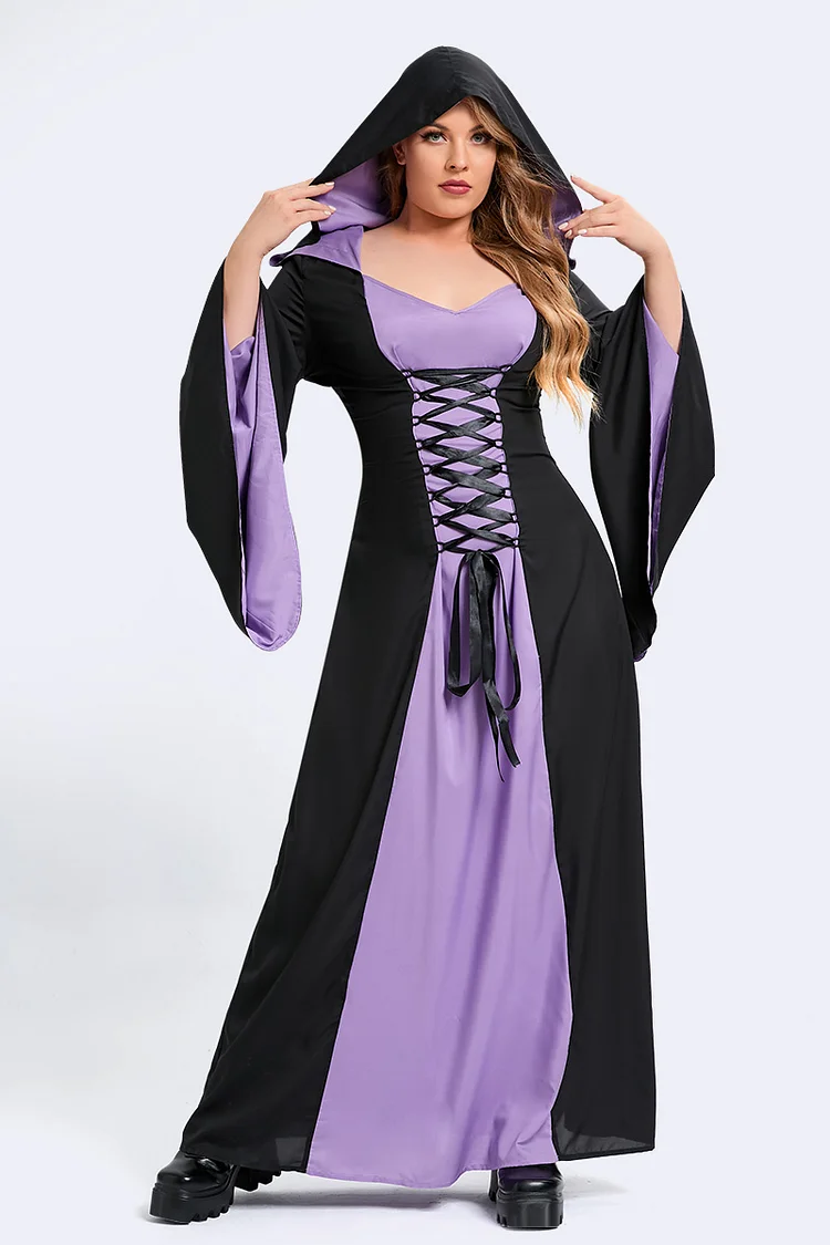Flycurvy Plus Size Halloween Witch Costumes Colorblock Lace Up Flared Sleeves Hooded Mopping Robe (Only Robe)  Flycurvy [product_label]