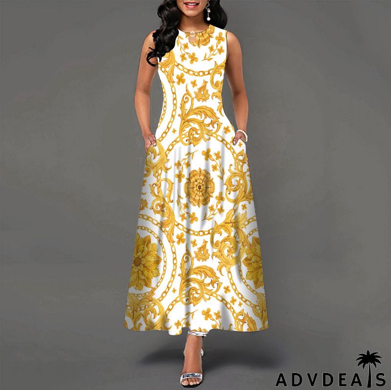 Women Fashion Plus Size Graphic Printing Sleeveless Swing Dress