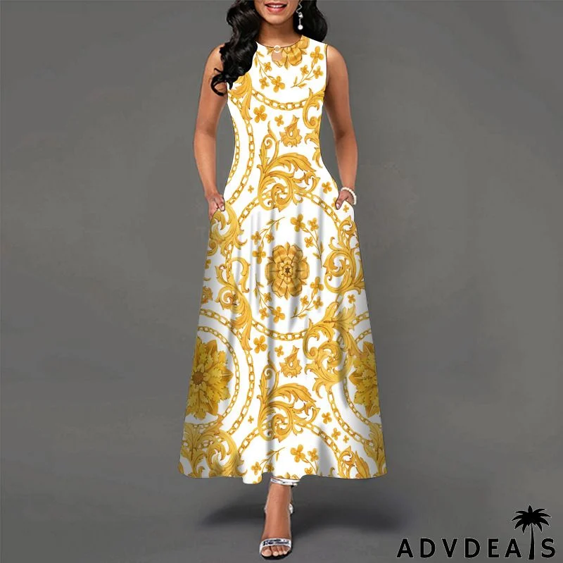 Women Fashion Plus Size Graphic Printing Sleeveless Swing Dress