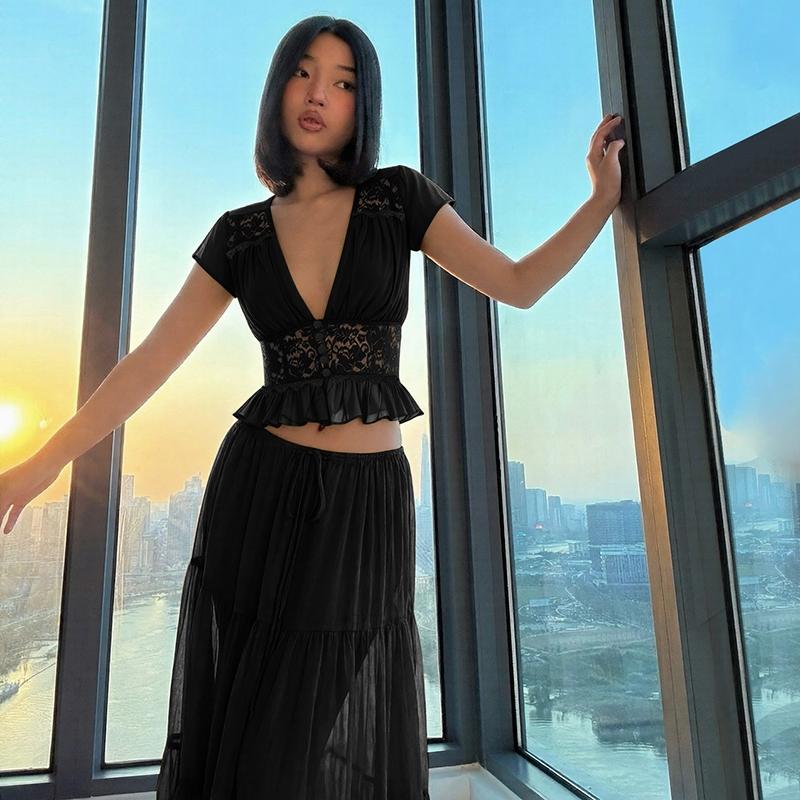 Women Summer Short Sleeve V Neck Tops Long Skirt Beach Vacation Chiffon Two Piece Set Outfit Women Summer Short Sleeve V Neck Tops Long Skirt Beach Vacation Chiffon Two Piece Set Outfit