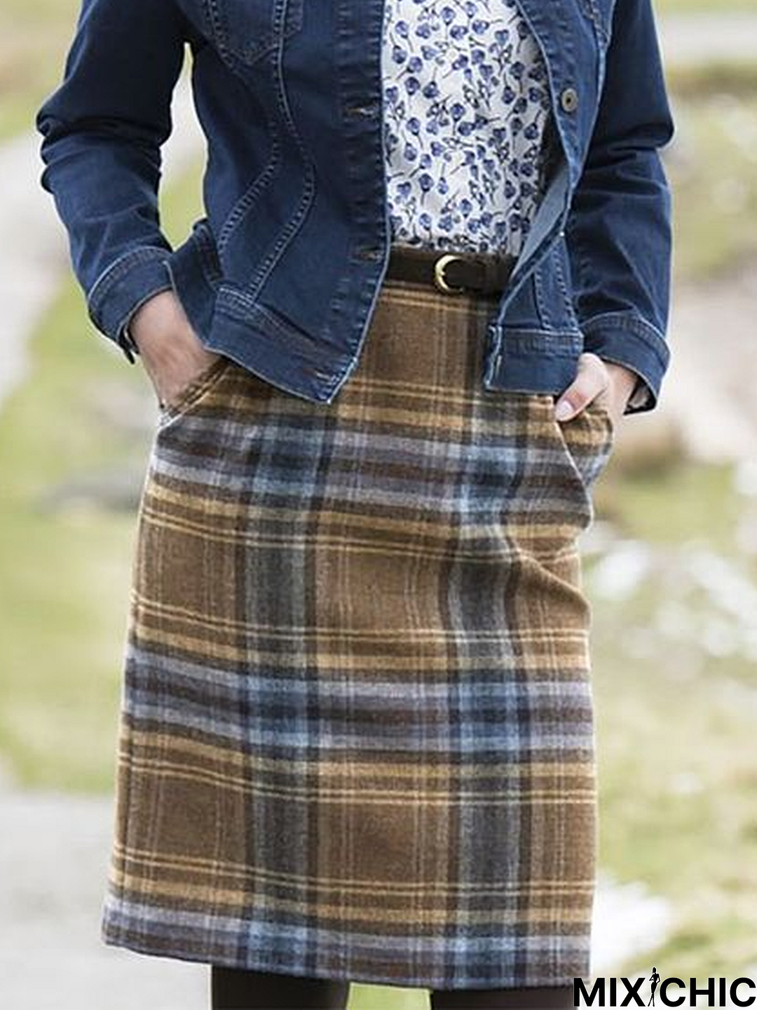 Checkered/plaid Vintage Cotton-Blend Skirt