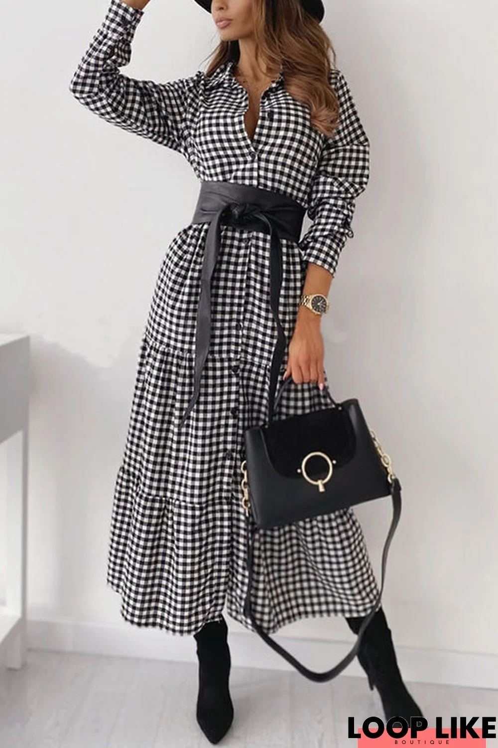 Pliad Button Ruffles Long Sleeve Maxi Dress