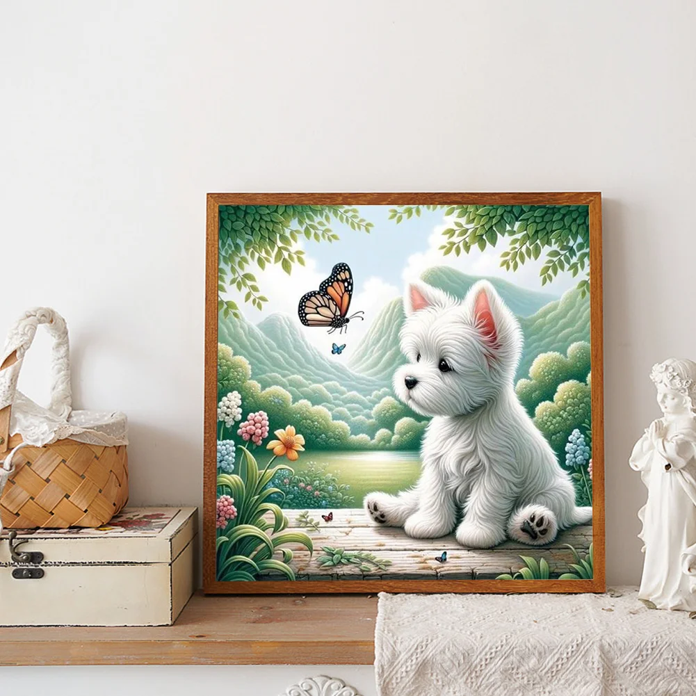 Diamond Painting - Full Round Drill - Dog Playing Butterfly(Canvas|40*40cm)