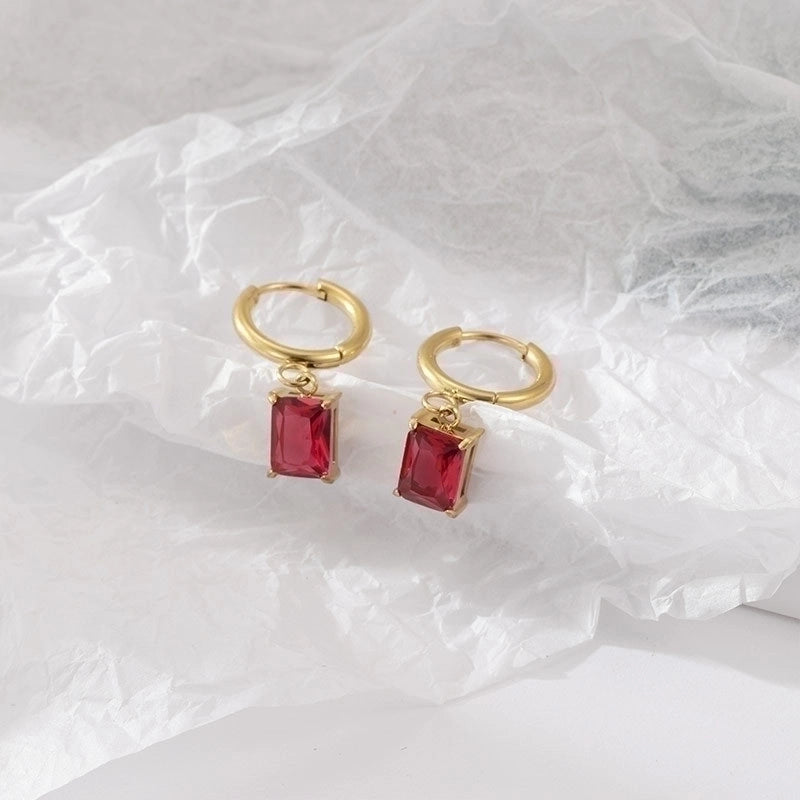1 Pair Retro Round Square Inlay 304 Stainless Steel Zircon Gold Plated Drop Earrings