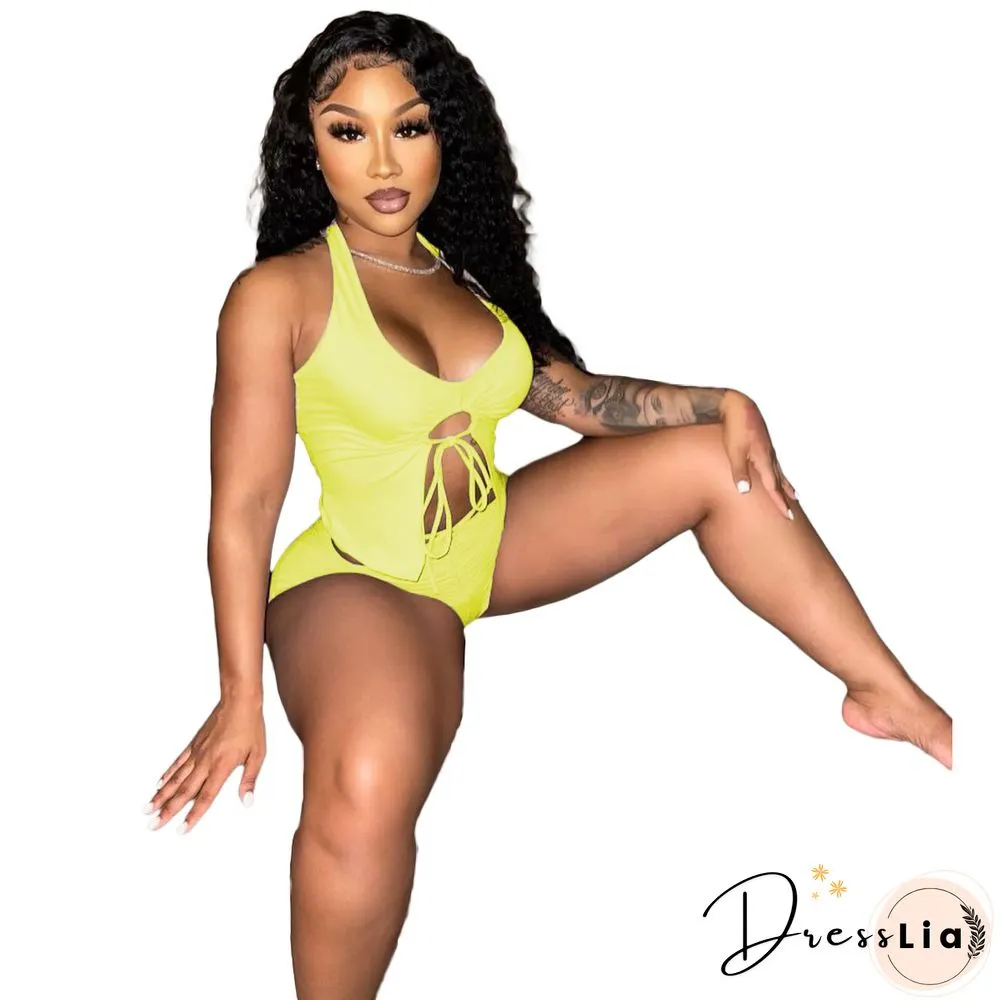 Summer Women Sexy Solid Color Irregular Hollow Out Sleeveless Halter Top Skinny Shorts Two Piece Suit