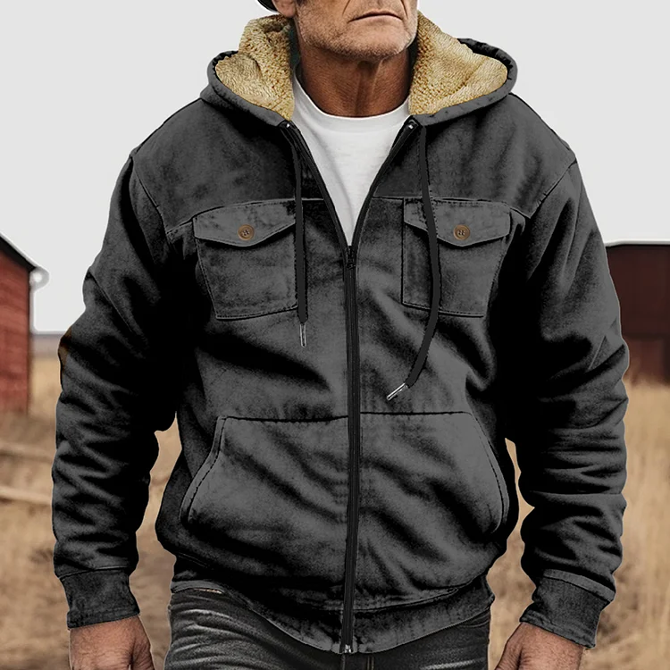 Utbros Vintage Black Gray Pocket Fleece Hoodie Jacket