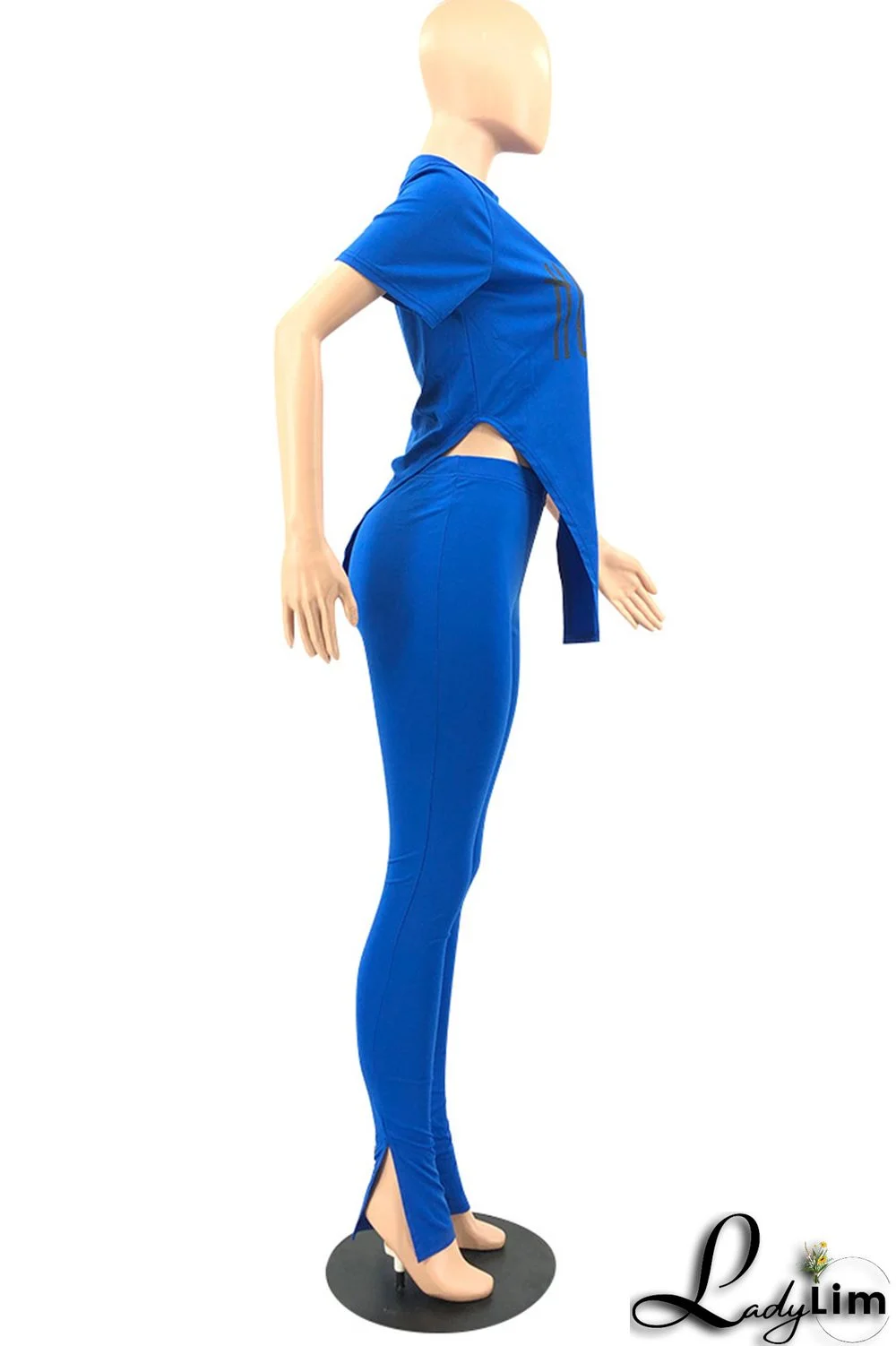 Pink Fashion Casual Print Slit Asymmetrical O Neck Short Sleeve Two Pieces