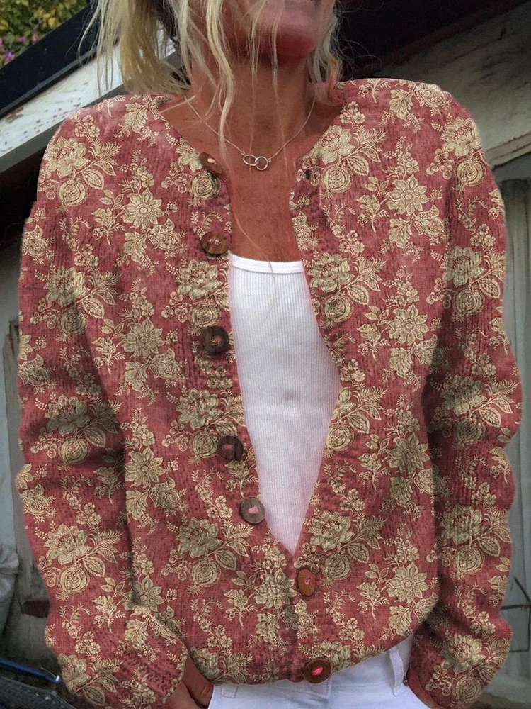 Vintage Style Floral Pattern Printed Buttoned Cardigan Sweater
