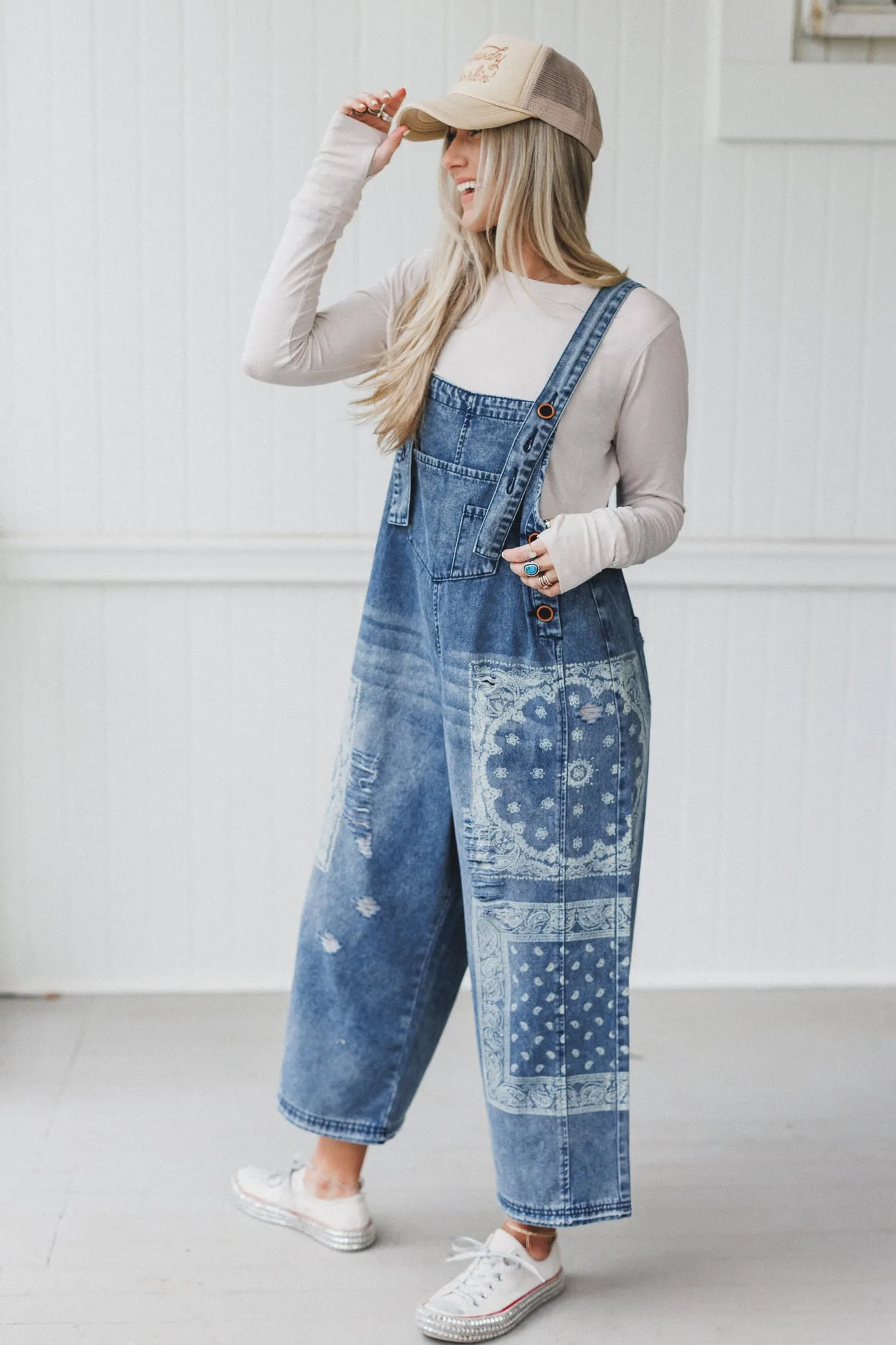 High Hopes Slouchy Denim Overalls - Denim Bandana