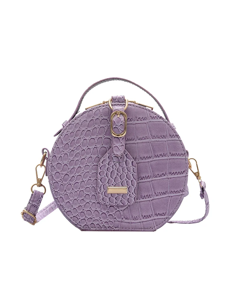 Women Round Shoulder Bag Alligator PU Circle Zip Crossbody Handbag (Purple)