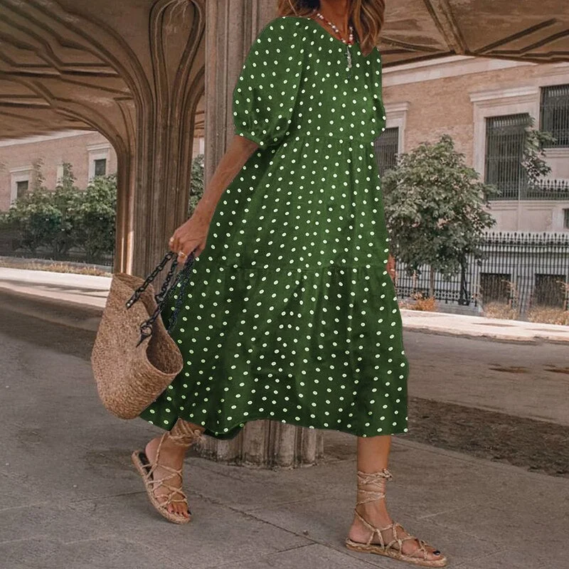 Summer Dress 2022 VONDA Fashion Women Short Sleeve Vintage Plaid Printed Sundress Robe Loose Bohemian Pleated Mid-Calf Vestidos