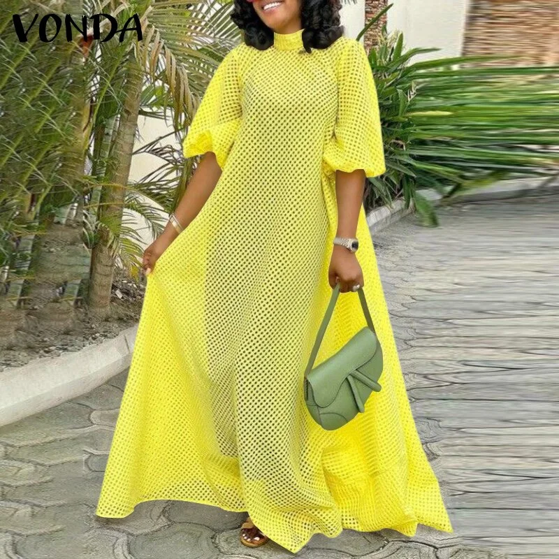 Summer Baggy Dress VONDA Women Casual O Neck Half Sleeve See Through Long Maxi Dresses Femme Pleated Puff Sleeve Beach Sundress