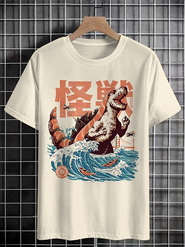 <💯Cotton> Men's Vintage Sushizilla Monster Wave Japanese Art Print Cotton Casual T-Shirt