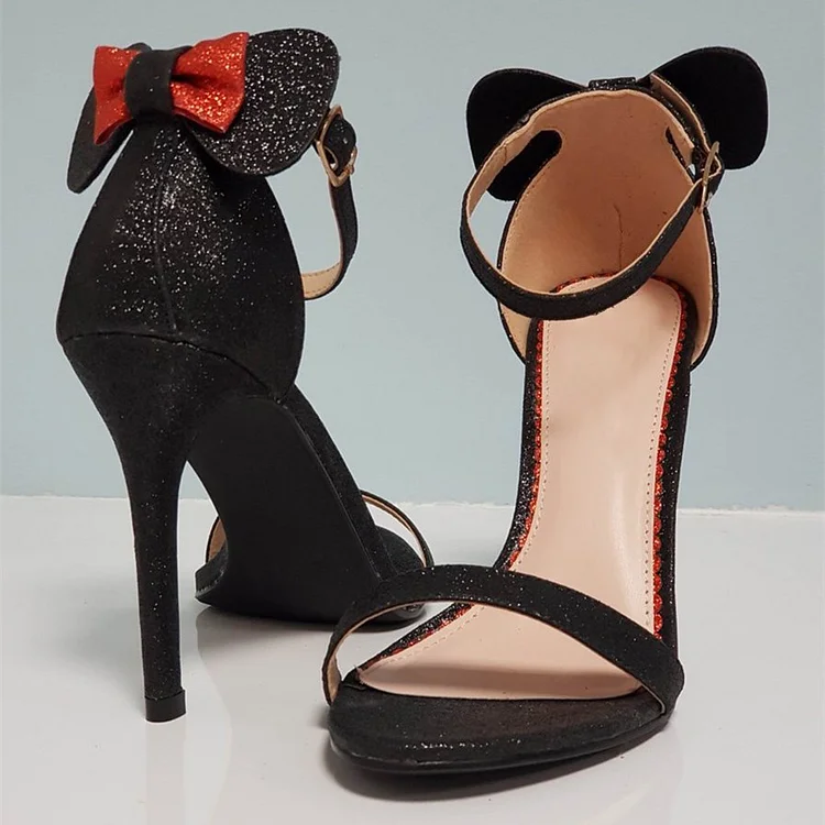 Black Glitter Bow Ankle Strap Sandals Stiletto Heel Open Toe Sandals |FSJ Shoes