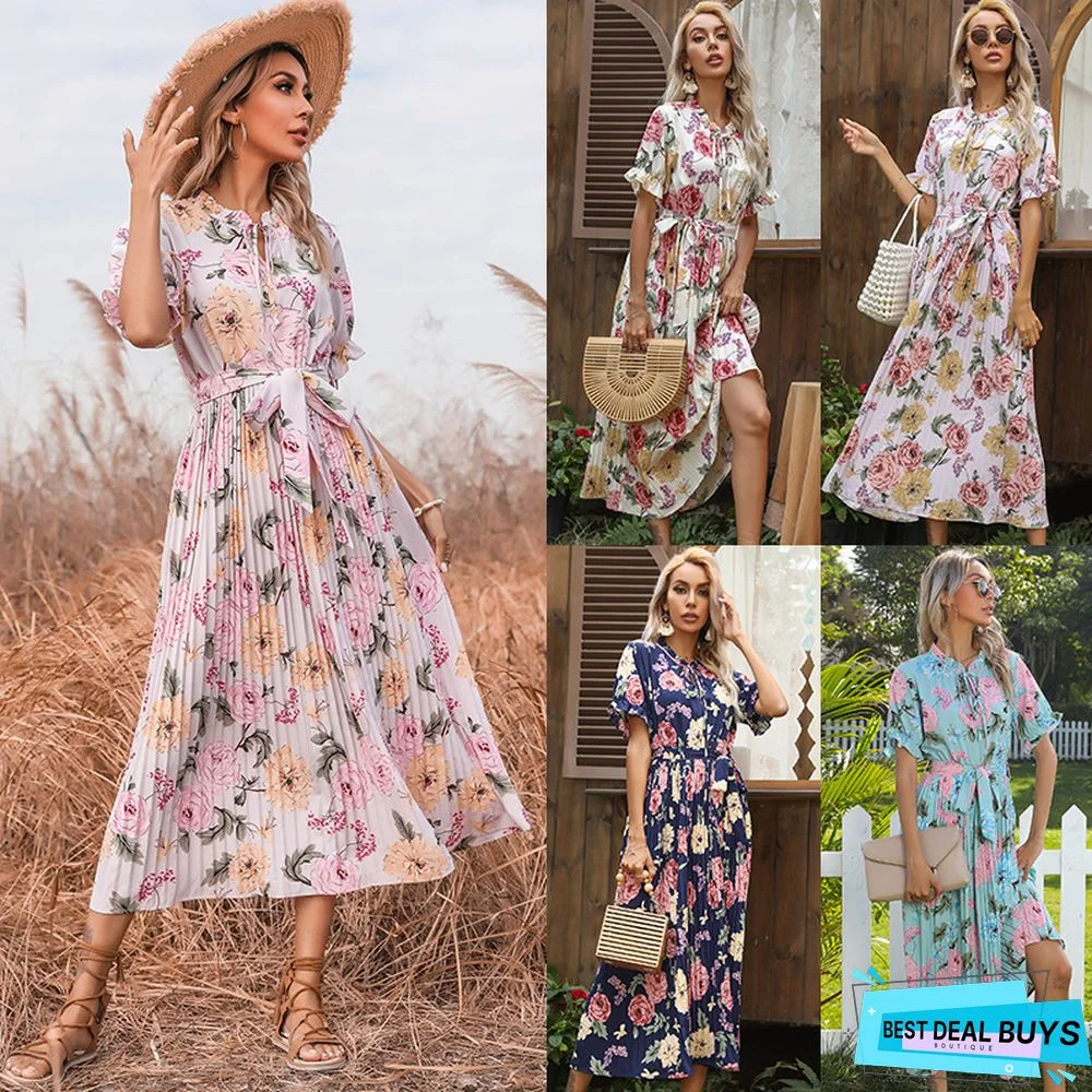 Printed Light Mature Style Long Skirt Ruffle Design Sensuous Mori Dress