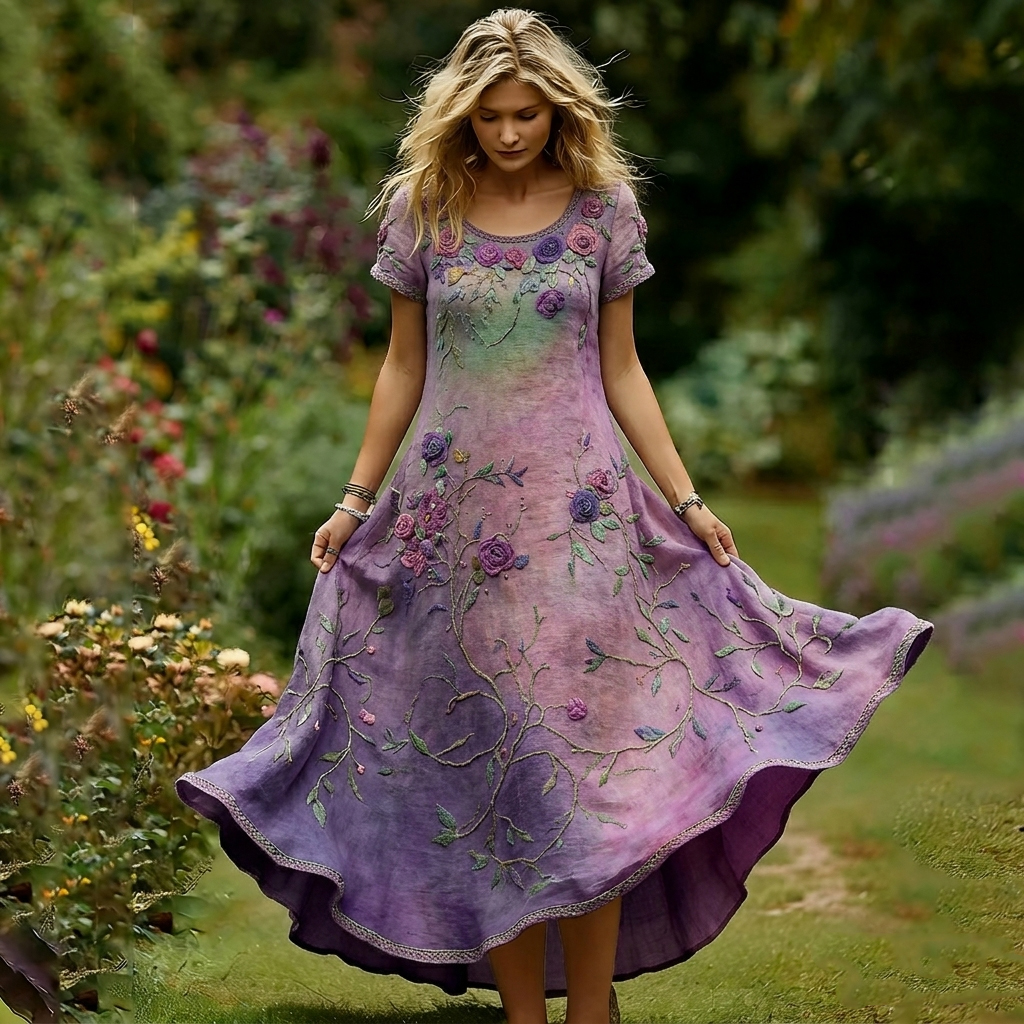 Women's Vintage Purple Rose Gradient Pattern Casual Dress elevenforest