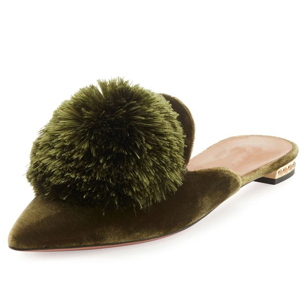 Dark Green Pointed Toe Mules With Furry Women Flats Nicepairs