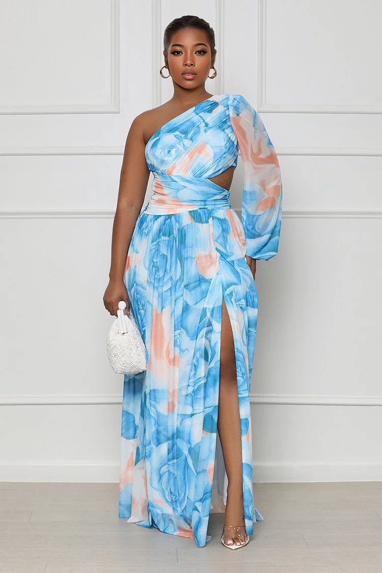 One Shoulder Long Sleeve Asymmetric Cut Out Pleated High Slit Party Floral Maxi Dresses-Blue