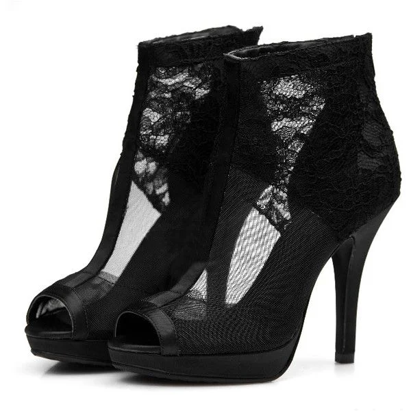 Black Lace Floral Stiletto Heel Peep Toe Platform Summer Boots |FSJ Shoes