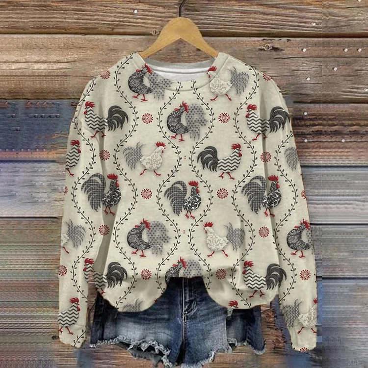 Wearshes Women's Rooster Plant Pattern Print Crew Neck Long Sleeve Casual Sweatshirt