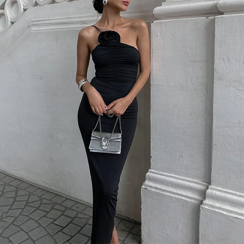 Uveng Uveng Women's Wear 2023 Summer New Sexy Show Back One Shoulder Pleated Slim Temperament Dress Female